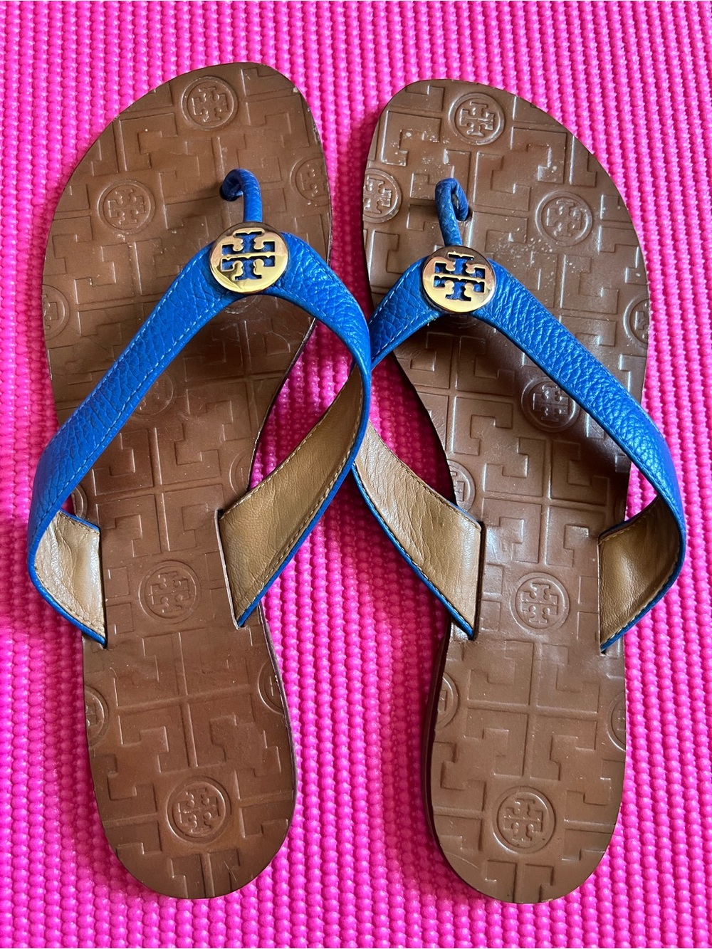 Tory Burch Blue and Brown Leather Logo Flip Flop Sandals